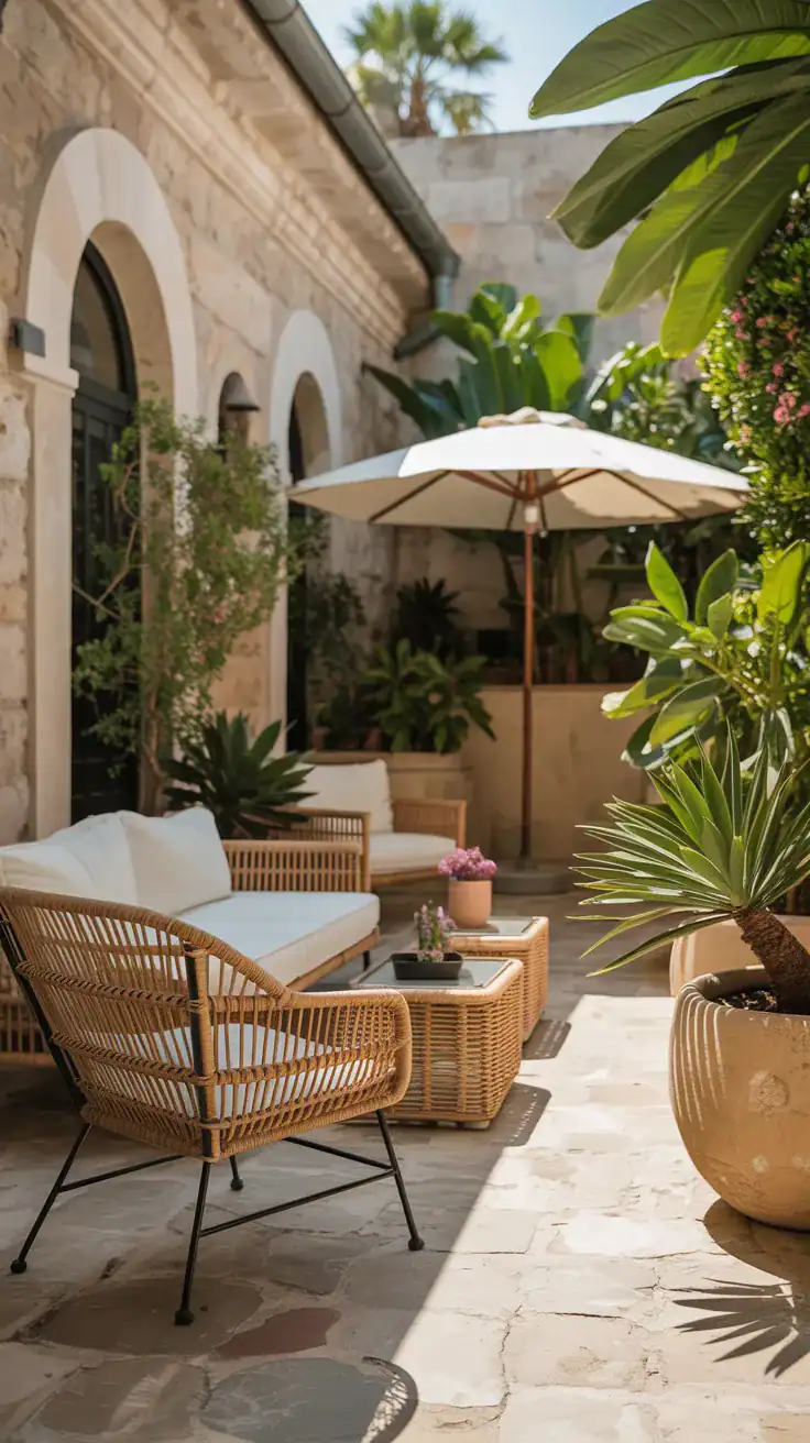 Courtyard seating area surrounded by tall planters with olive trees and grasses