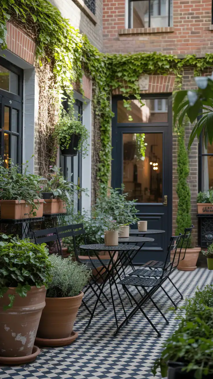 Foldable bistro chairs and table in narrow courtyard garden with wall hooks
