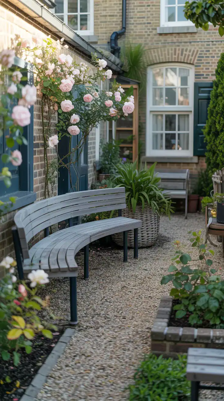 Gravel courtyard seating area with stepping stones and terracotta planters