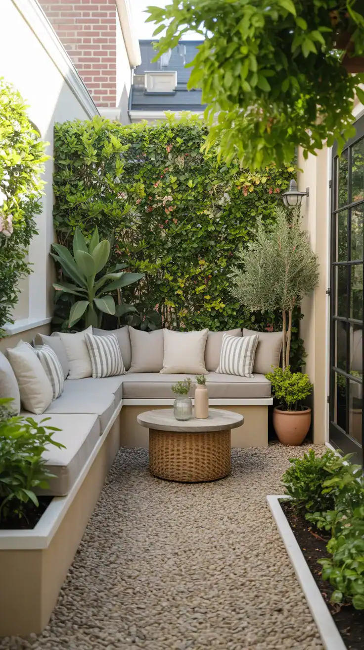 Built-in timber bench along courtyard wall with storage underneath and cushions