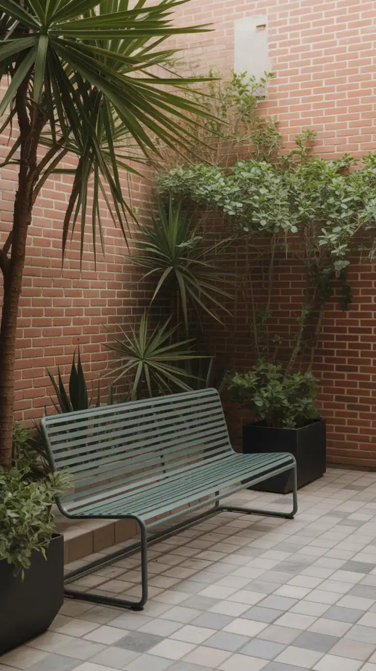 Low profile open frame metal seating in small courtyard