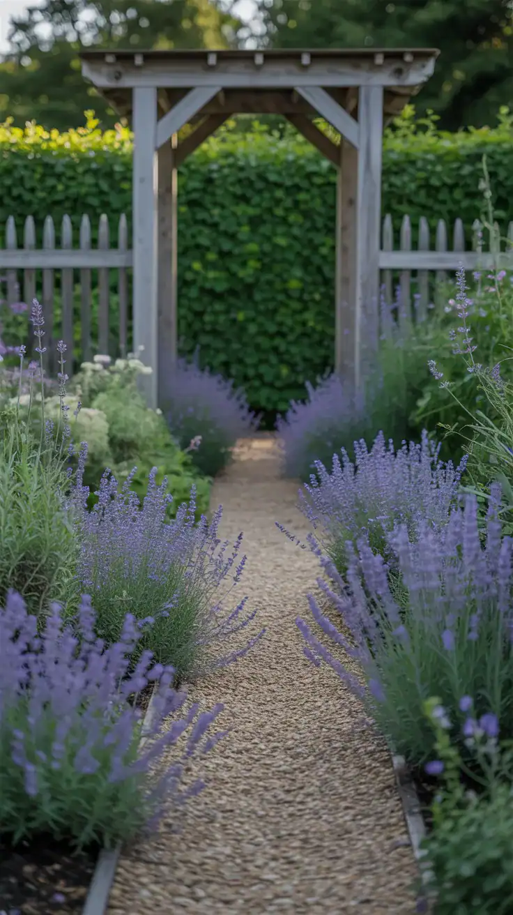Cottage garden path framed with lavender and catmint borders creating soft edges along gravel walkway