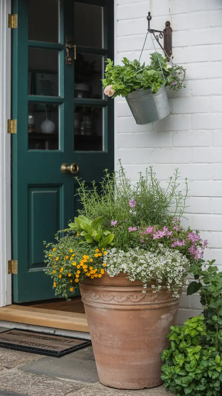 Large terracotta pot filled with trailing flowers and herbs beside cottage front door Large terracotta pot filled with trailing flowers and herbs beside cottage front door