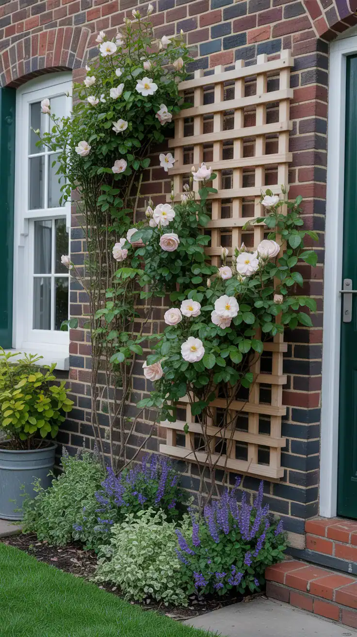 Climbing roses and clematis growing on trellis against cottage front wall creating vertical garden interest Climbing roses and clematis growing on trellis against cottage front wall creating vertical garden interest
