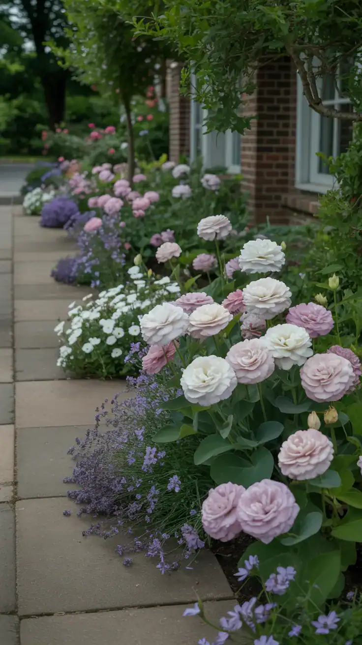 Soft pink, white, and lavender flowers creating calm cottage garden color scheme along front path Soft pink, white, and lavender flowers creating calm cottage garden color scheme along front path