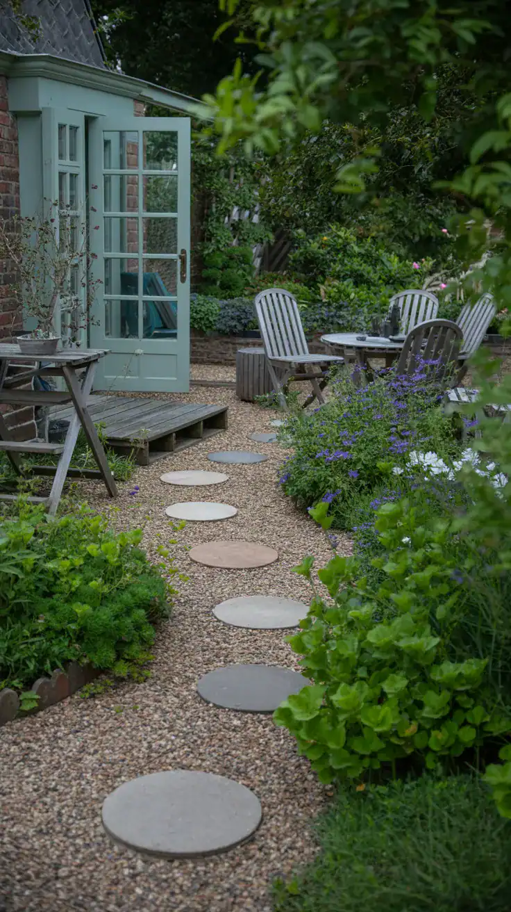 Pale gravel pathway with stepping stones through cottage garden creating relaxed informal atmosphere Pale gravel pathway with stepping stones through cottage garden creating relaxed informal atmosphere