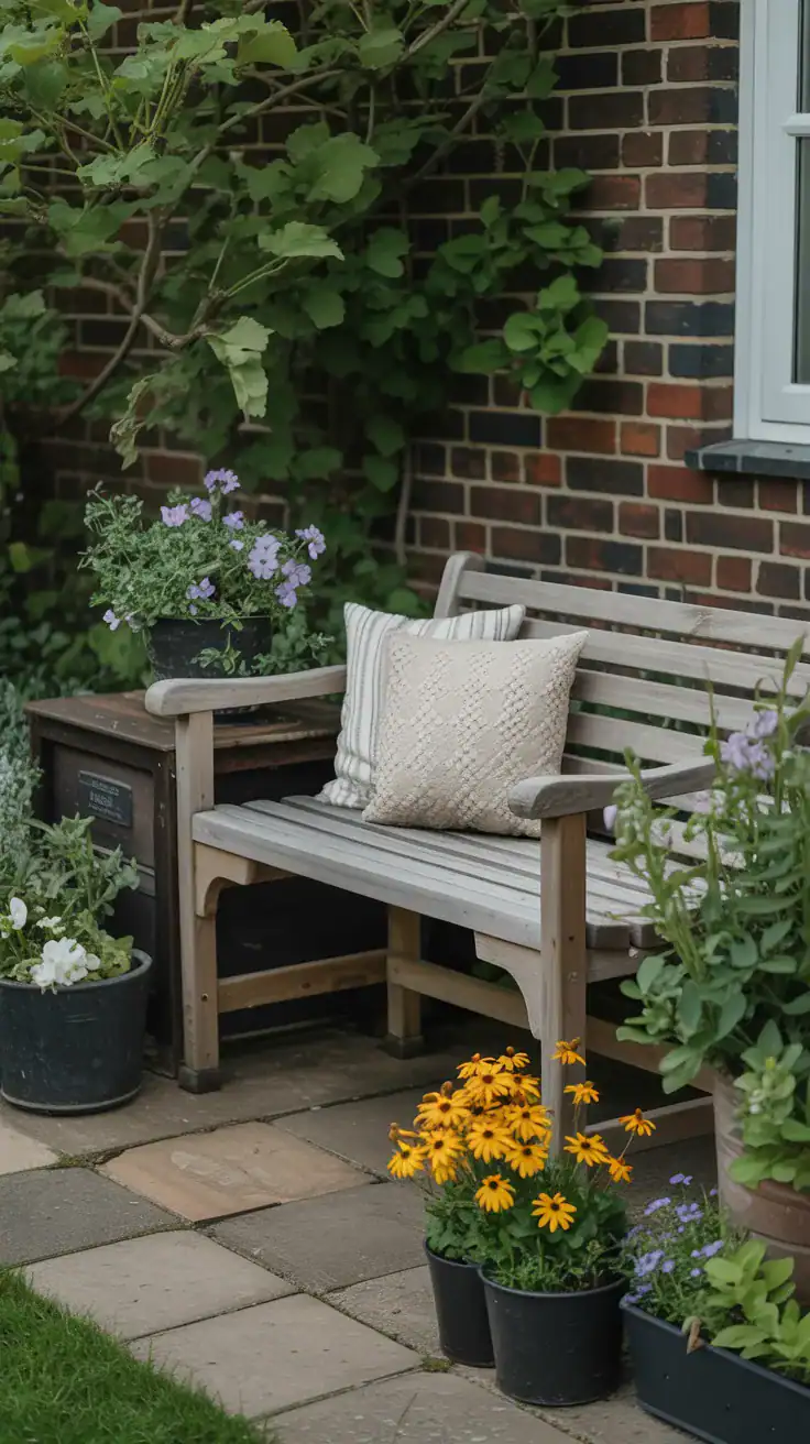 Small wooden bench surrounded by cottage flowers creating cozy seating area in front garden Small wooden bench surrounded by cottage flowers creating cozy seating area in front garden