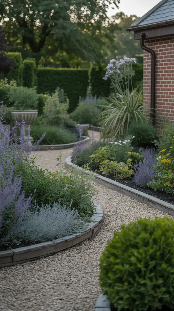 Balanced cottage garden showing open gravel areas and negative space between plant groupings Balanced cottage garden showing open gravel areas and negative space between plant groupings