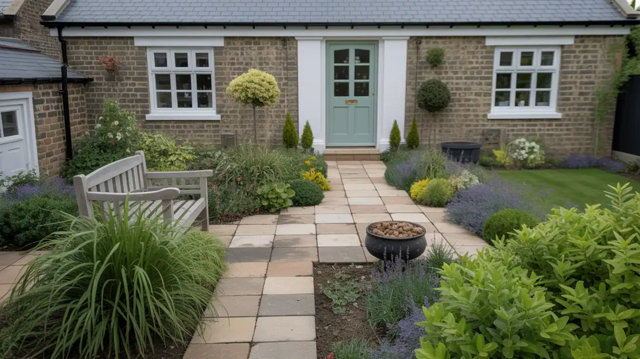 Beautiful completed small cottage front garden showing balanced design principles Beautiful completed small cottage front garden showing balanced design principles
