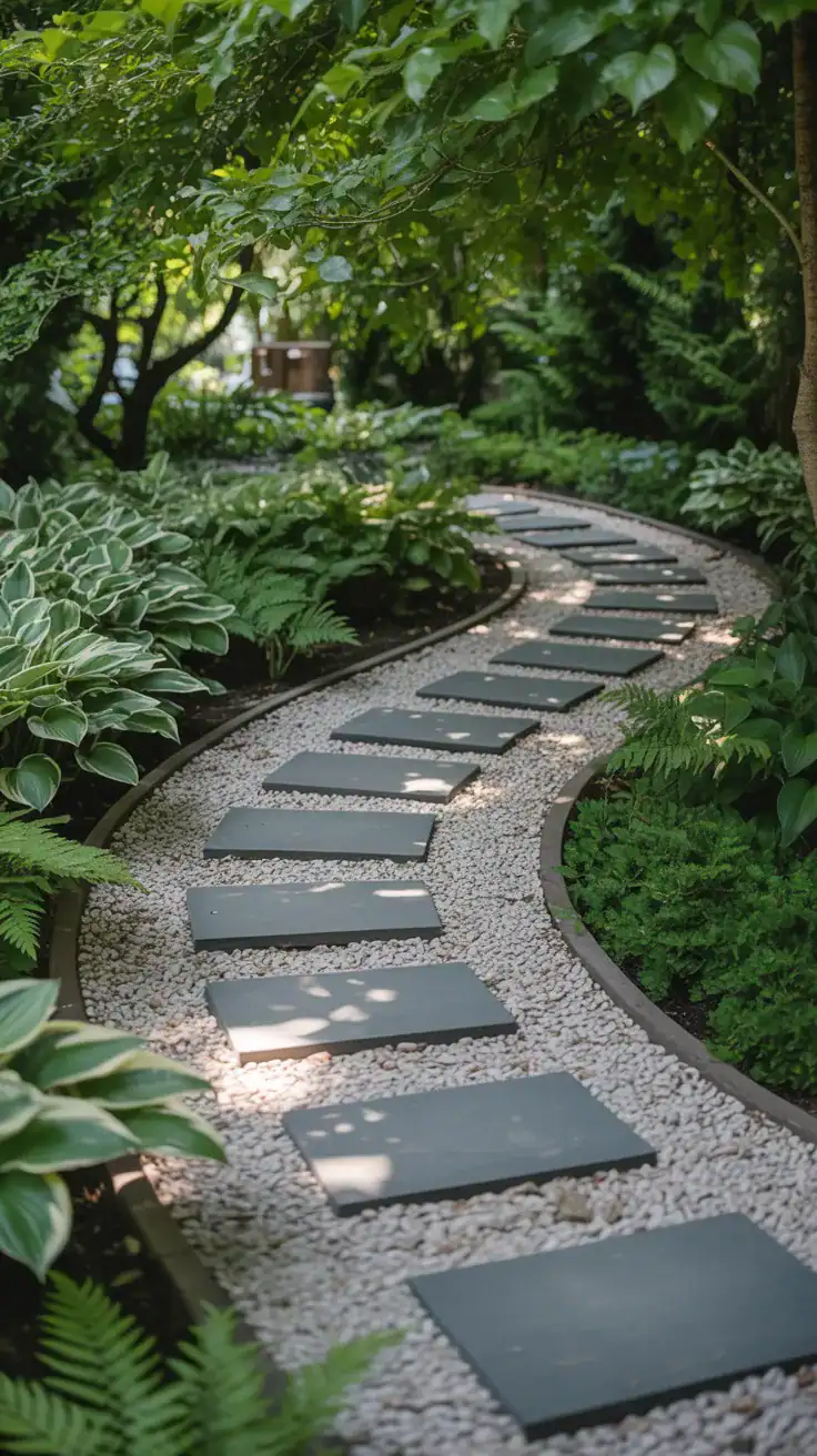 side yard garden with stepping stones through pale gravel bordered by lush greenery