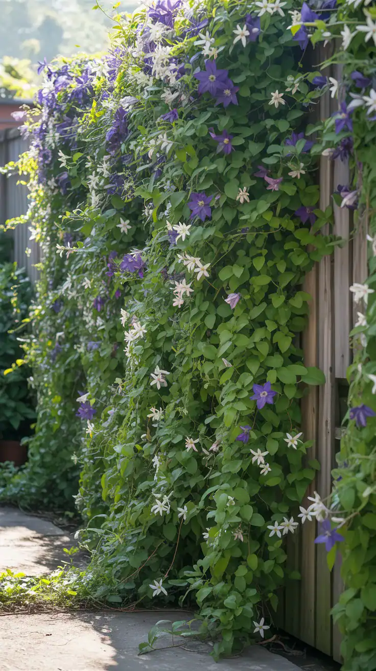 side yard fence covered with climbing jasmine and clematis creating a green vertical garden