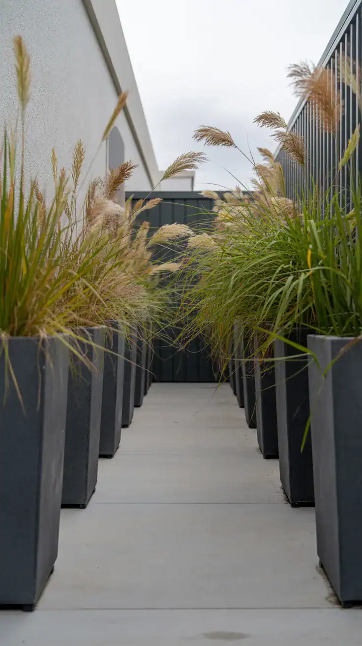 narrow side yard lined with tall matte black planters containing ornamental grasses
