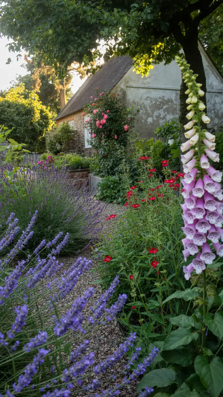 charming cottage garden side yard with lavender, salvia, and foxgloves along a gravel path