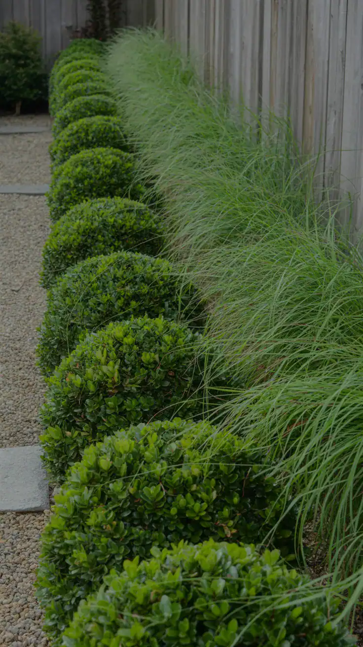 side yard with repeated plantings of boxwood and ornamental grasses creating visual cohesion