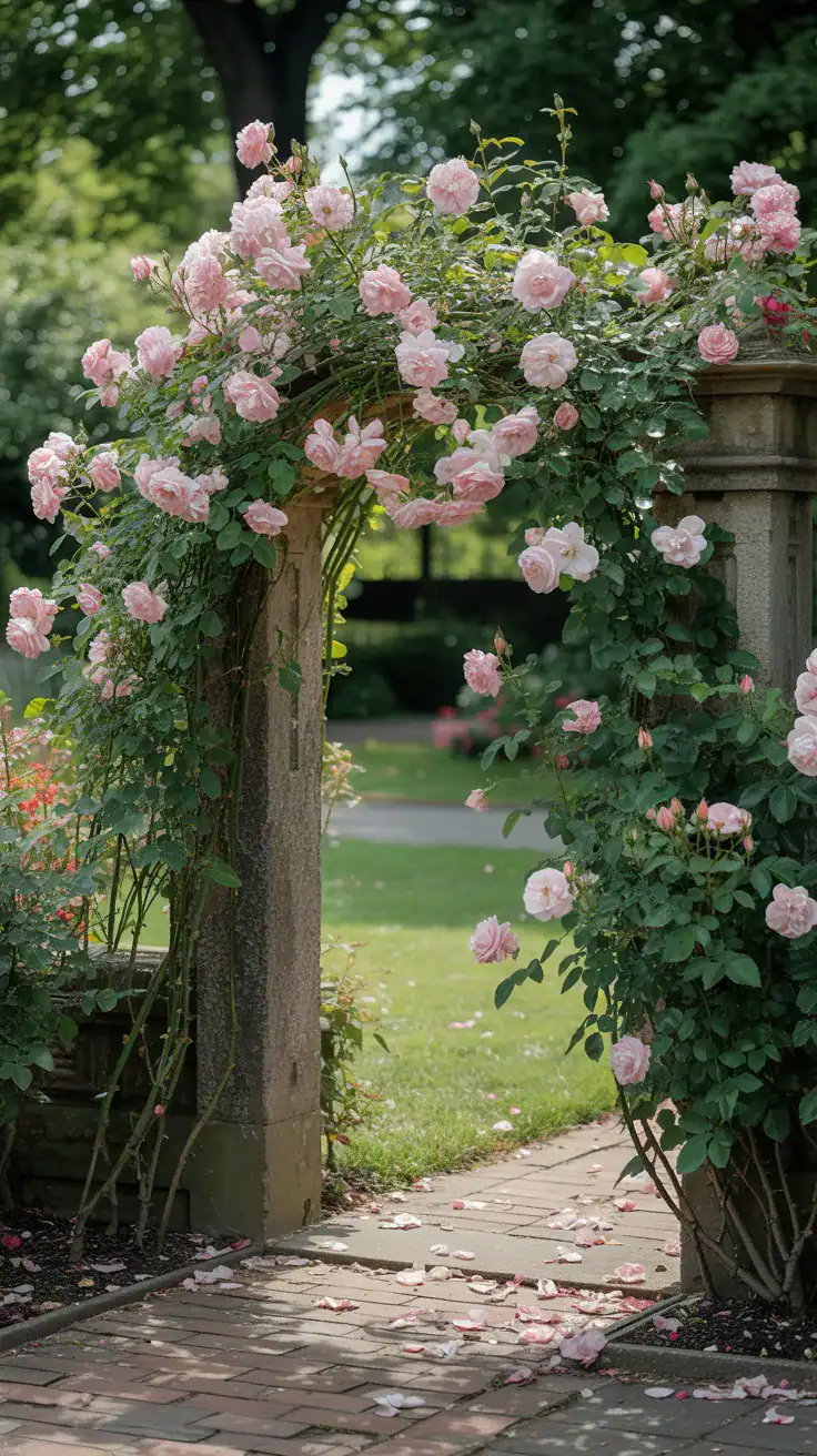 garden archway covered in climbing roses creating a magical entrance to a side yard