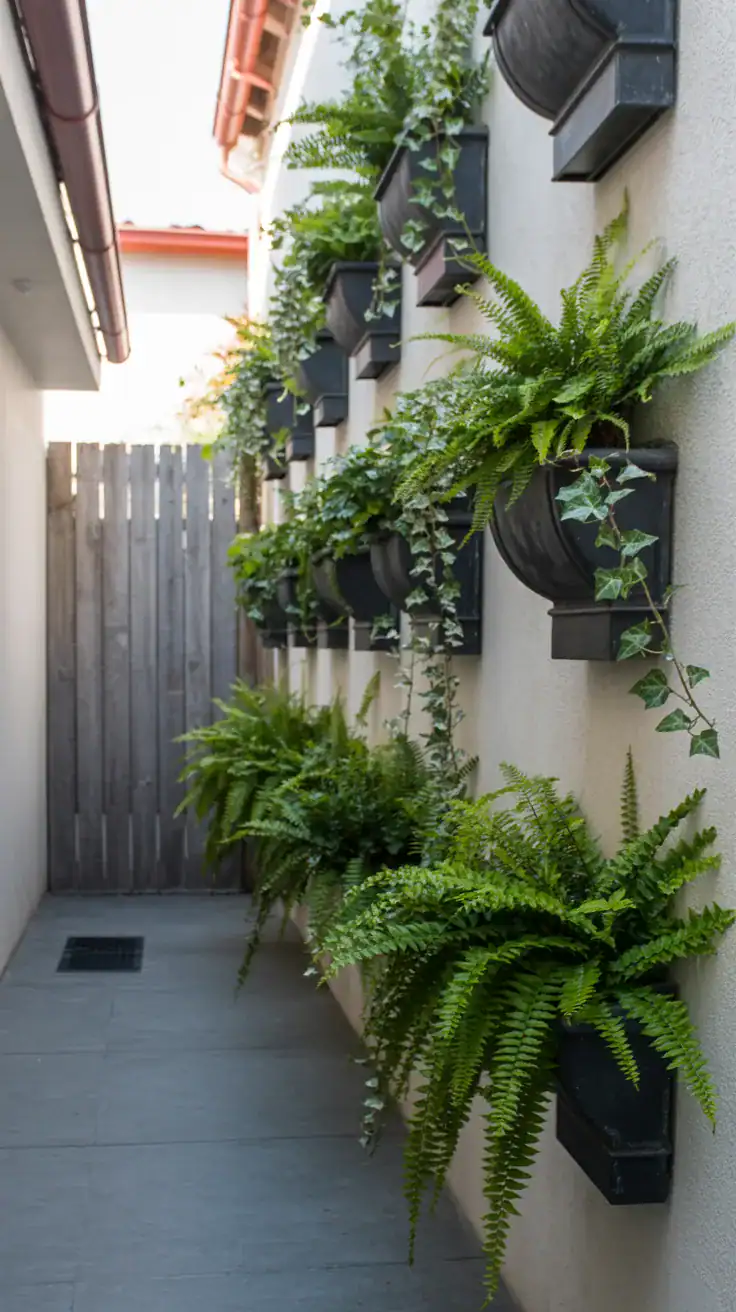 narrow side yard with wall-mounted planters containing ferns and trailing ivy