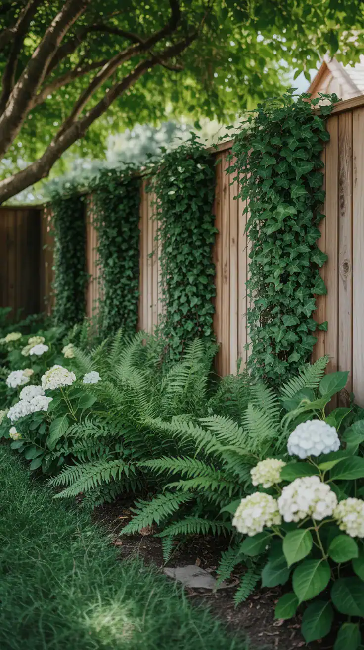 side yard fence softened with layered planting of ivy, ferns, and hydrangeas