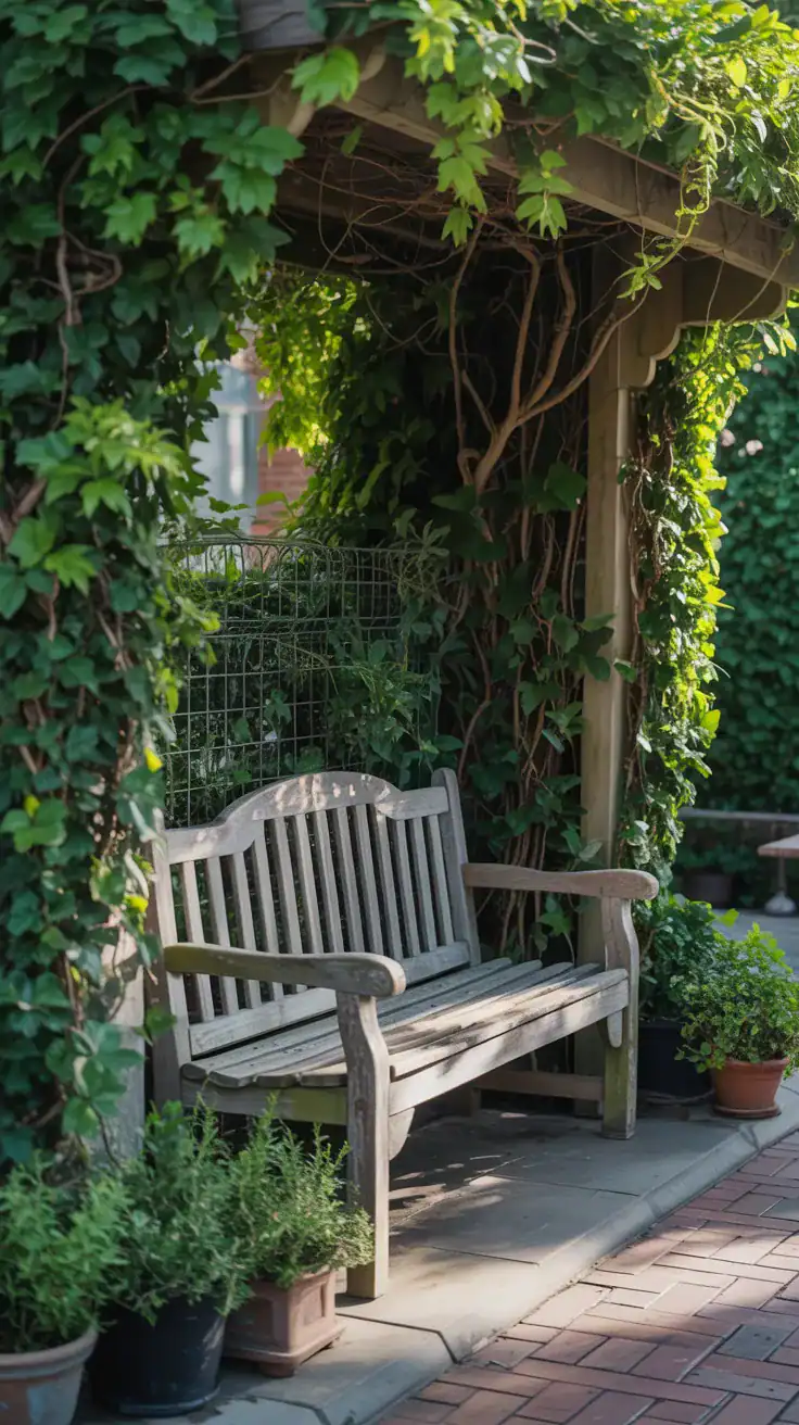 cozy seating nook at the end of a side yard with a wooden bench surrounded by climbing plants