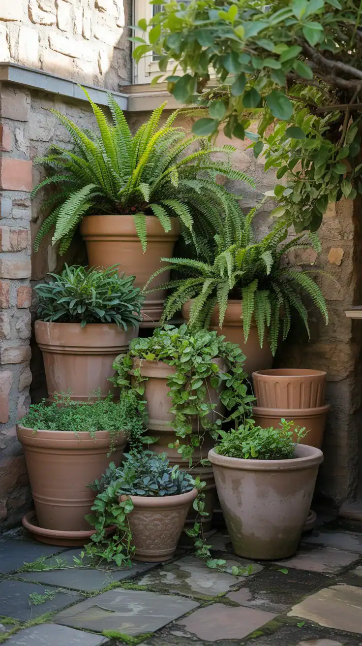 Courtyard corner softened with grouped layered planters containing ferns and trailing plants Courtyard corner softened with grouped layered planters containing ferns and trailing plants