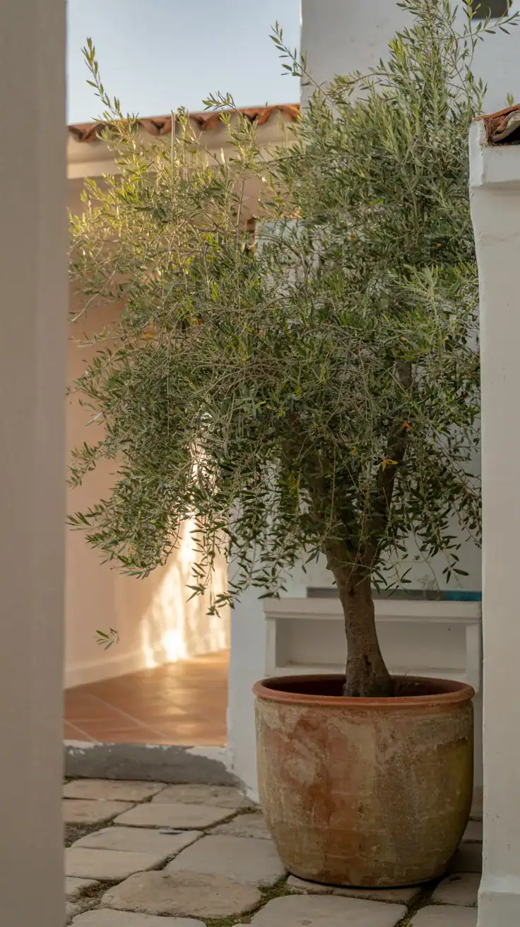 Potted olive tree in large terracotta container adding height and structure to small courtyard Potted olive tree in large terracotta container adding height and structure to small courtyard