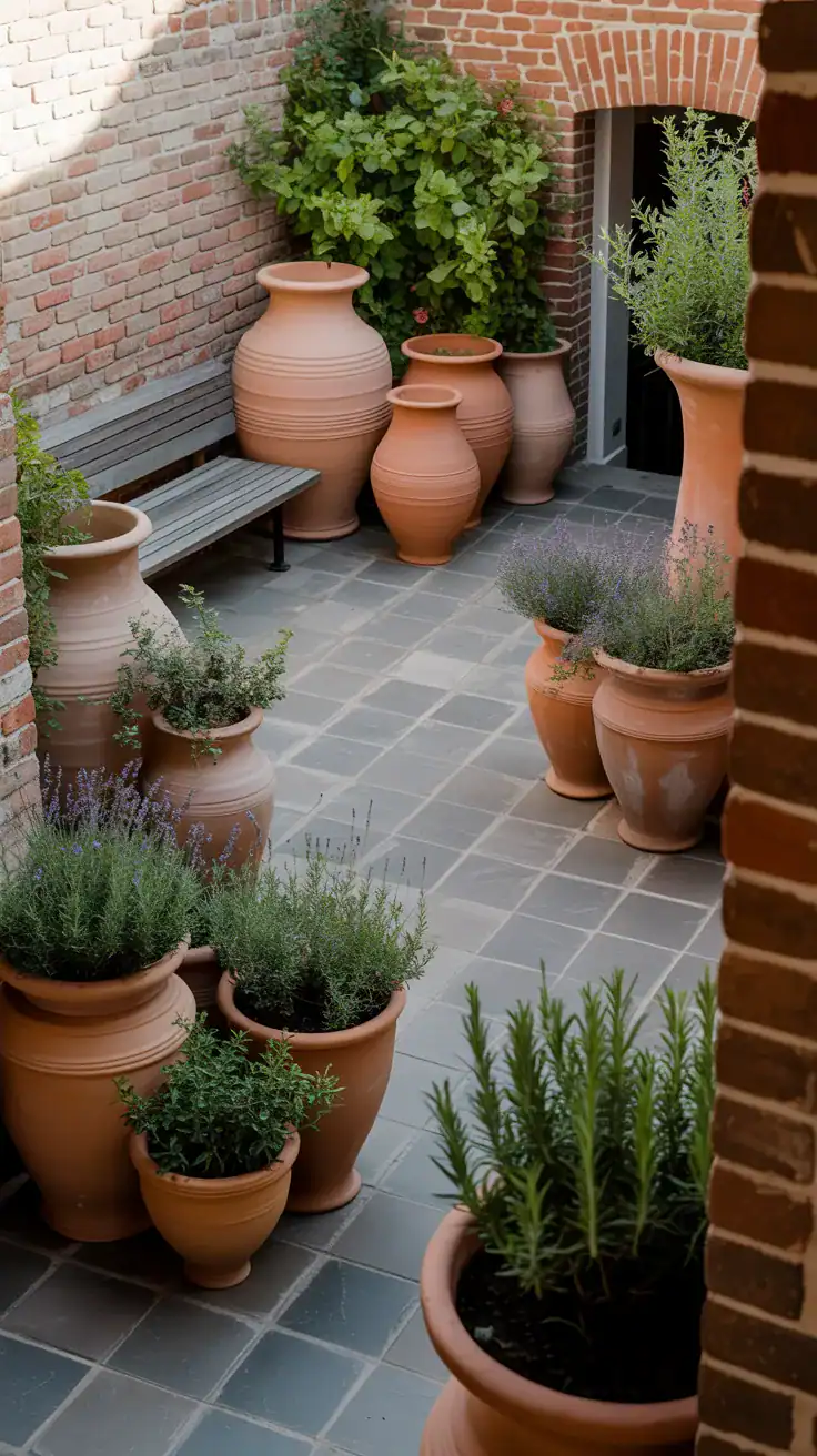 Cohesive small courtyard garden design with matching terracotta colored planters throughout space Cohesive small courtyard garden design with matching terracotta colored planters throughout space