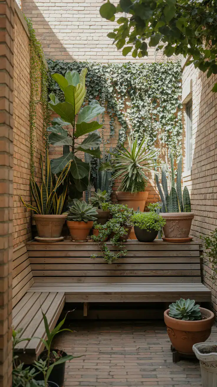 Built in wooden bench seating in tiny courtyard garden surrounded by potted plants Built in wooden bench seating in tiny courtyard garden surrounded by potted plants