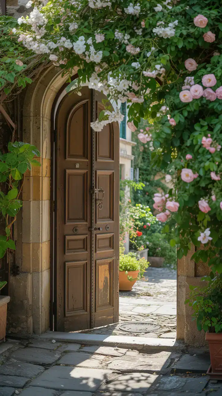 Courtyard doorway beautifully framed with climbing jasmine and roses creating welcoming entrance Courtyard doorway beautifully framed with climbing jasmine and roses creating welcoming entrance