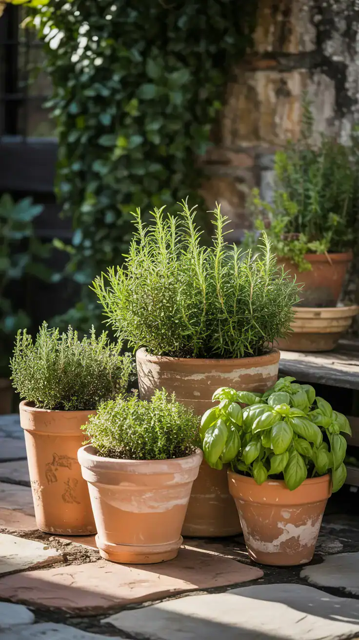 Rustic terracotta pots with fresh herbs rosemary thyme basil in sunny courtyard garden Rustic terracotta pots with fresh herbs rosemary thyme basil in sunny courtyard garden