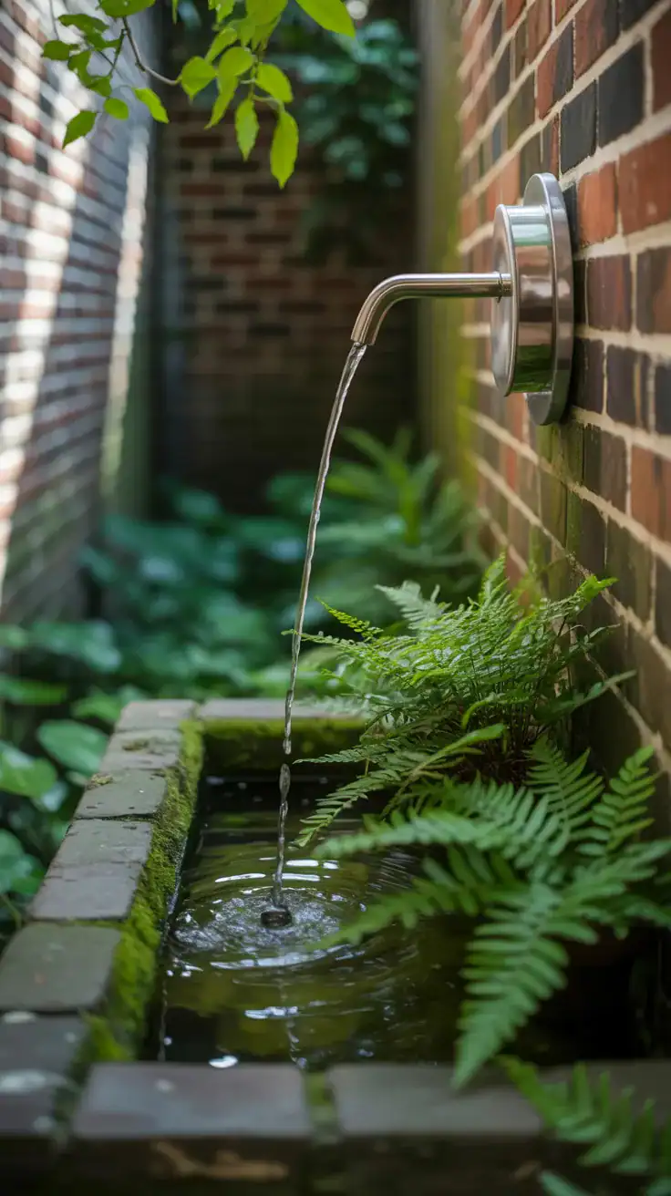 Compact wall mounted water fountain in tiny courtyard garden creating peaceful atmosphere Compact wall mounted water fountain in tiny courtyard garden creating peaceful atmosphere