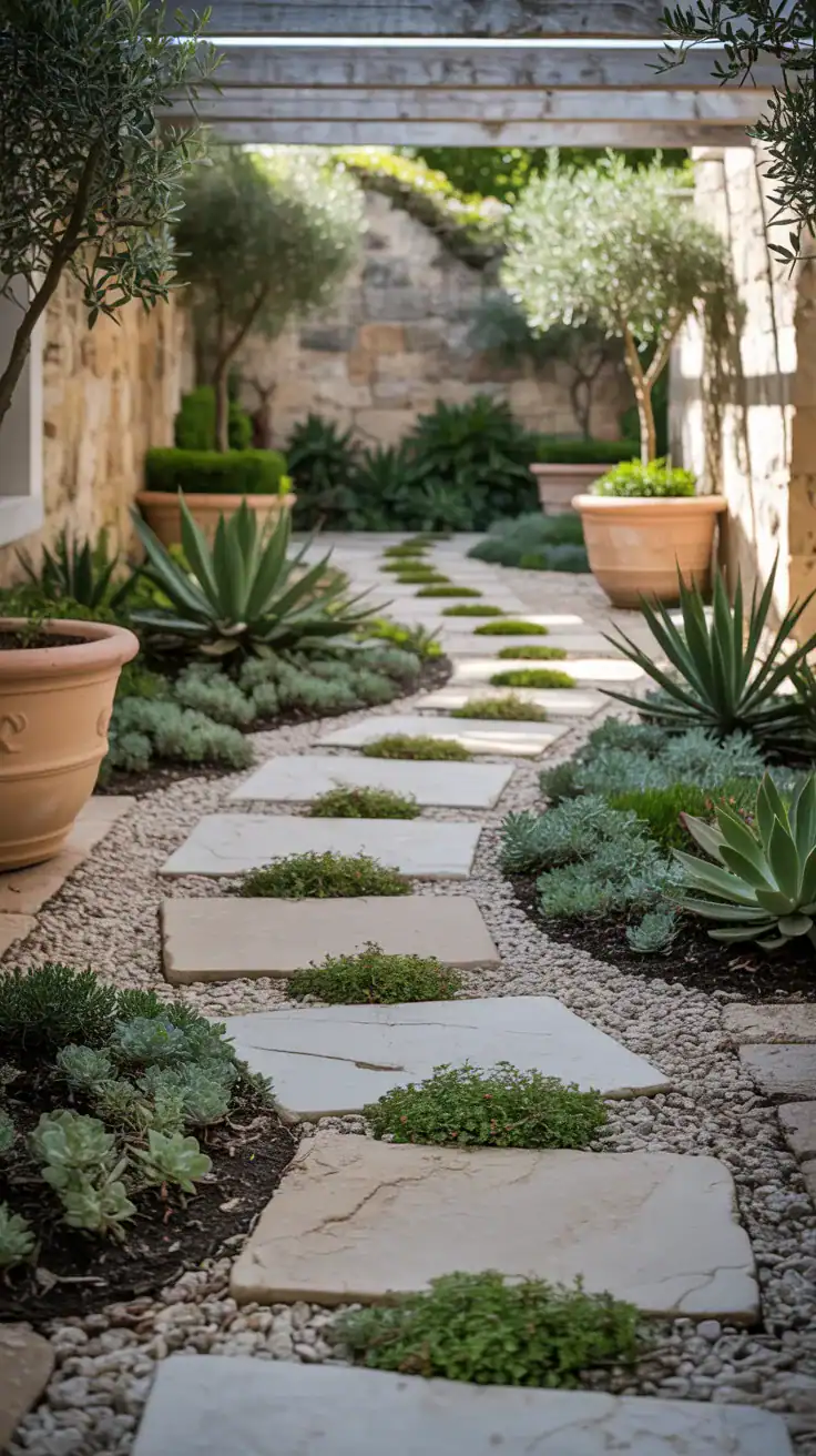 Courtyard garden pathway with natural stone pavers set in pale gravel with creeping plants Courtyard garden pathway with natural stone pavers set in pale gravel with creeping plants