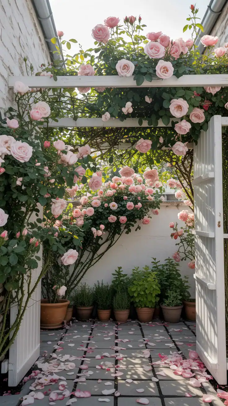 Vertical garden trellis with climbing roses creating privacy in small courtyard space Vertical garden trellis with climbing roses creating privacy in small courtyard space