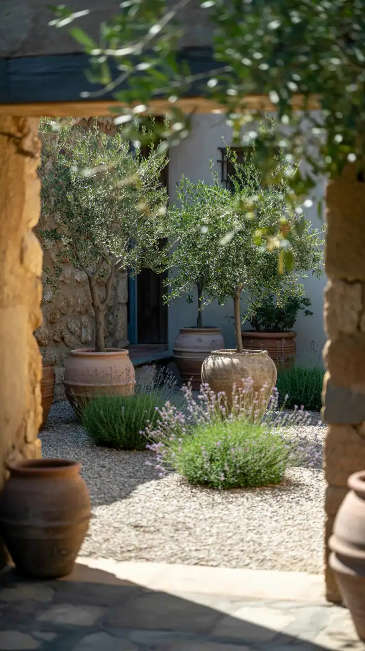 Mediterranean style tiny courtyard garden with olive trees, lavender, gravel and rustic pots Mediterranean style tiny courtyard garden with olive trees, lavender, gravel and rustic pots