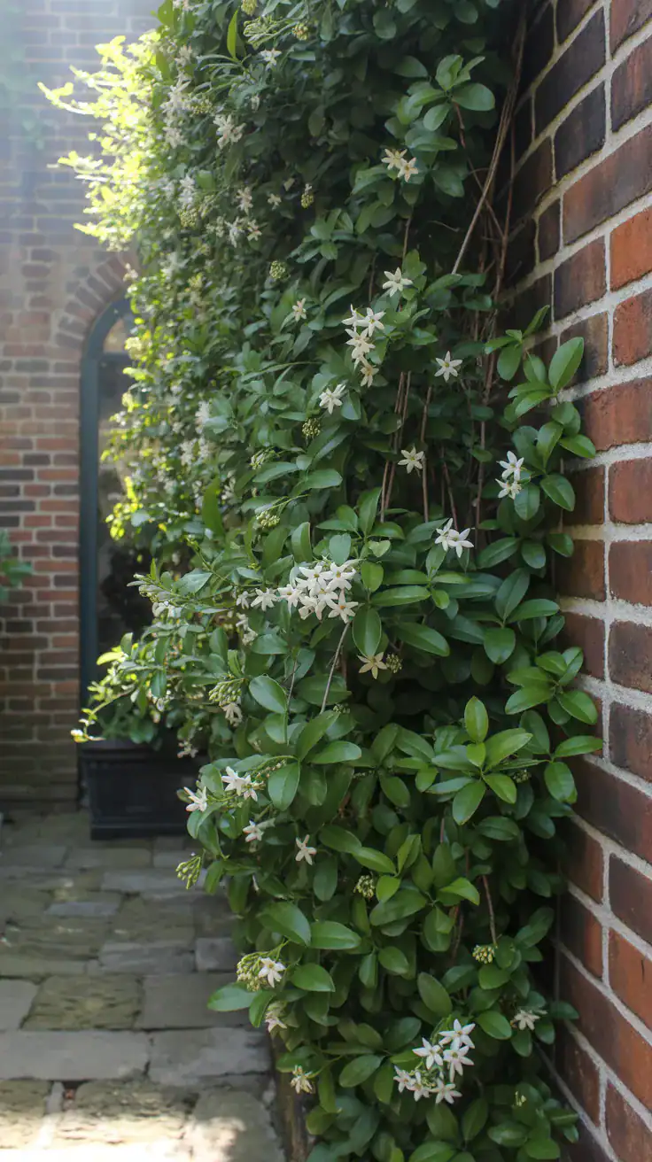 Climbing star jasmine growing up courtyard wall with white flowers and green foliage Climbing star jasmine growing up courtyard wall with white flowers and green foliage