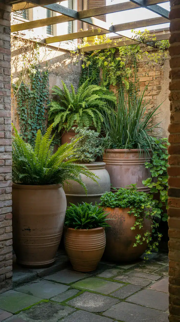 Small courtyard garden design featuring oversized terracotta containers with lush plants Small courtyard garden design featuring oversized terracotta containers with lush plants