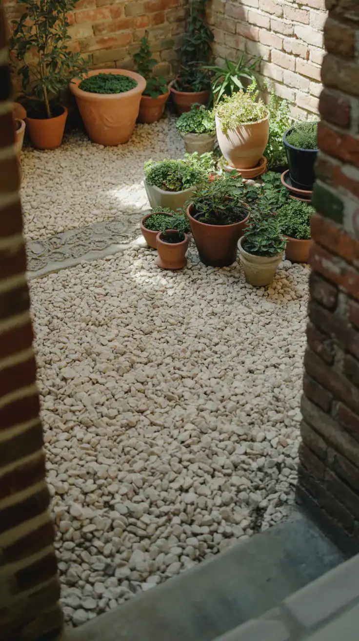 Tiny courtyard garden with pale cream gravel and terracotta pots reflecting natural light