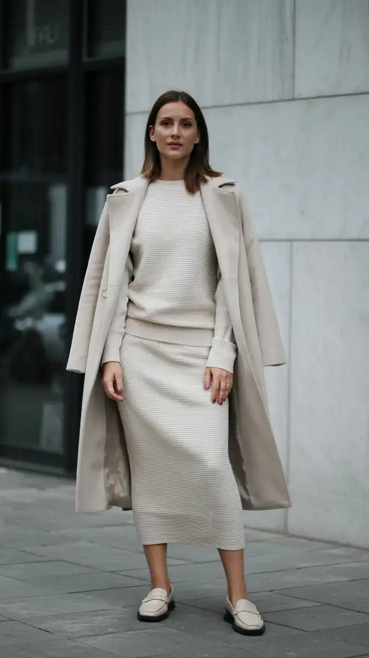Elegant monochrome cream knit outfit with a fine-gauge sweater, matching skirt, tonal coat, loafers, and understated quiet luxury styling.