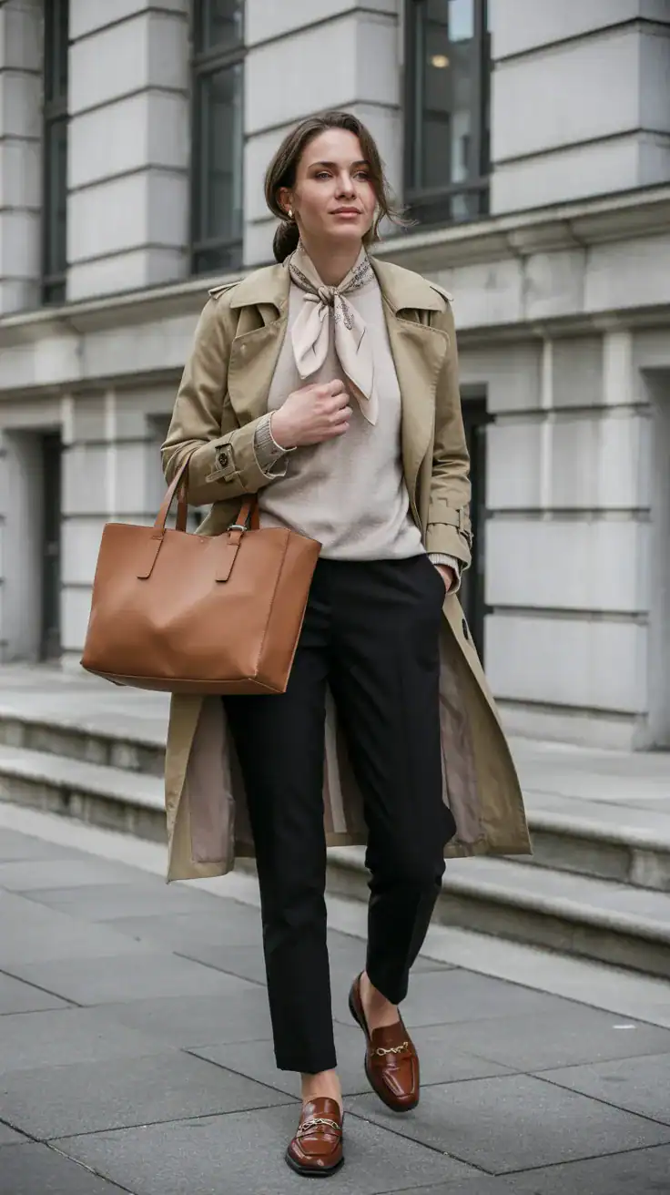 Timeless trench coat outfit styled over neutral layers with black tailored trousers, leather loafers, structured tote, and a silk scarf detail.