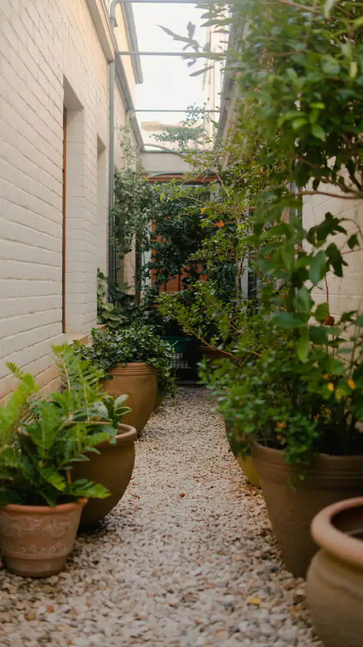 Side return garden with cream pale gravel, terracotta pots, and greenery creating a brighter narrow outdoor space