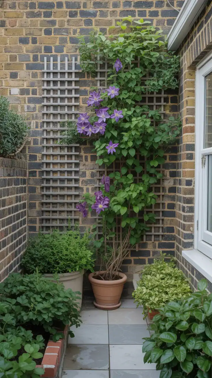 Climbing jasmine and clematis growing on a slim trellis against a brick wall in a narrow side return garden