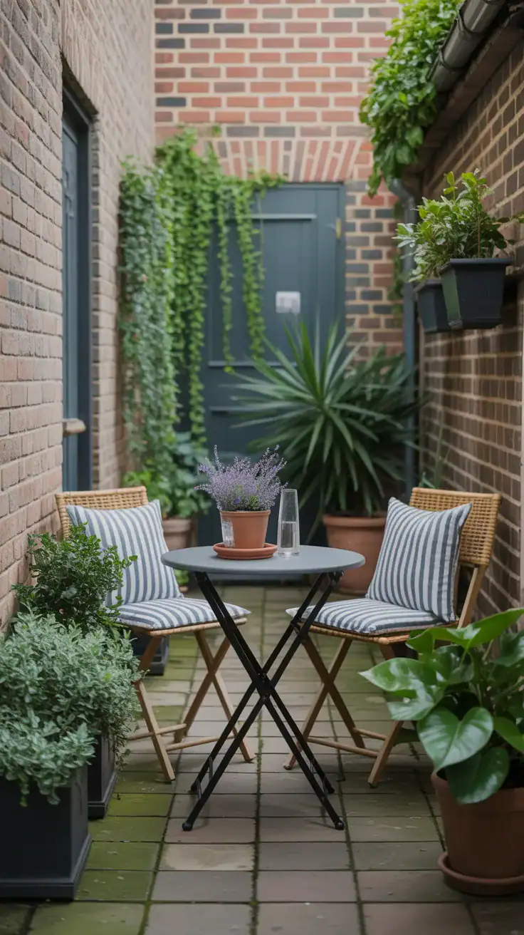 Compact bistro table and chairs in a narrow side return garden with climbing plants and soft greenery