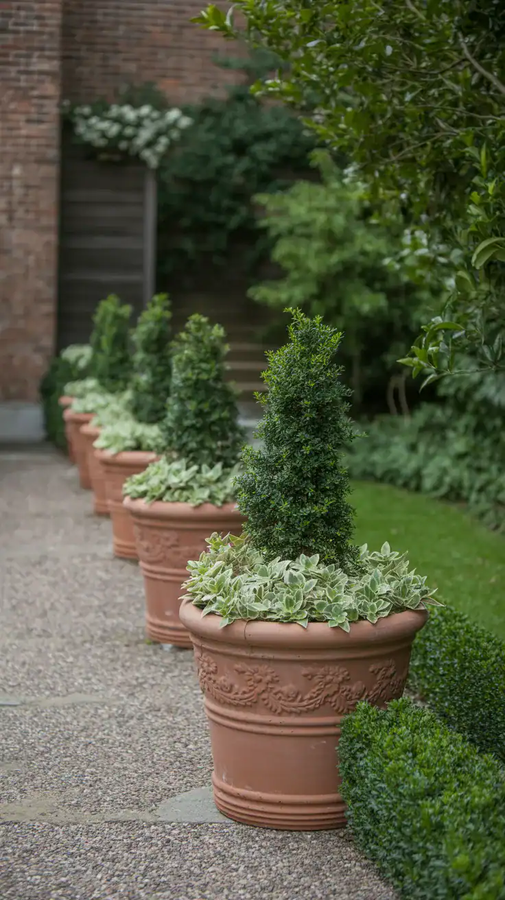 Matching terracotta planters with repeated greenery arranged along a narrow side return garden path