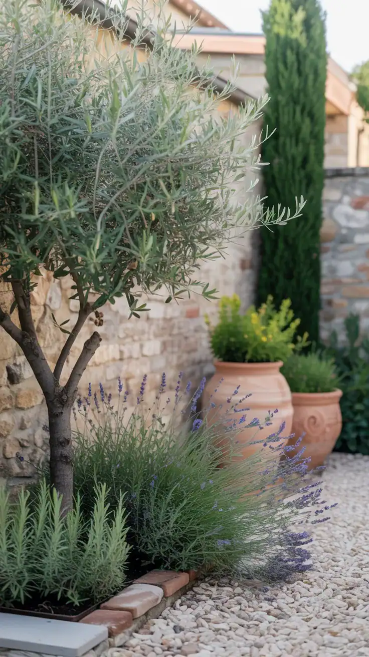 Mediterranean style side garden with olive tree, lavender, terracotta pots, and pale gravel