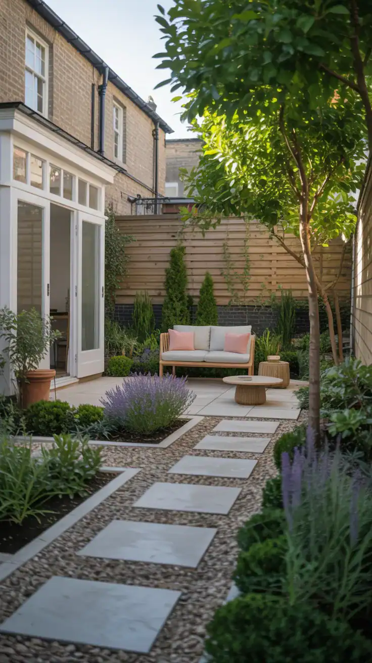 Balanced side return garden with open pale gravel areas, strategic planting, and breathing room