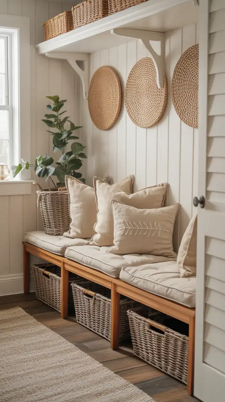 Bright mudroom with a wooden bench topped with soft oatmeal linen cushions, woven baskets underneath, warm neutral styling, and cozy natural light creating a timeless welcoming feel