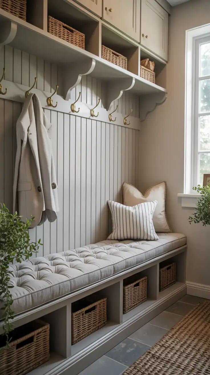 Elegant mudroom featuring a tufted linen bench cushion with tailored detailing, brass wall hooks, soft farmhouse styling, and built in storage beneath the bench
