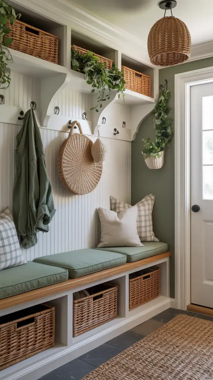 Cozy cottage mudroom with sage green bench cushions, oak wood seating, white walls, woven baskets, black hardware, and soft greenery for a calming natural atmosphere