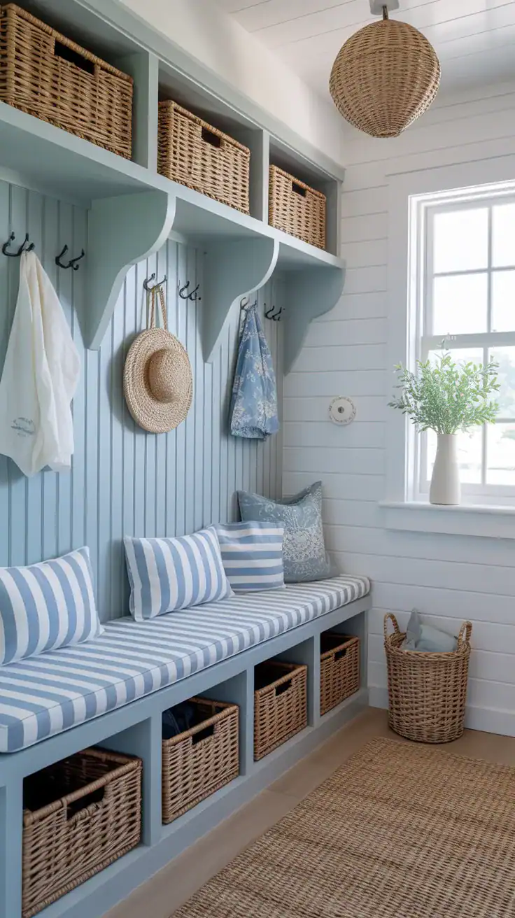 Light coastal style mudroom with striped bench cushions, woven baskets, pale wood accents, soft blue and white tones, and relaxed beach cottage inspired decor