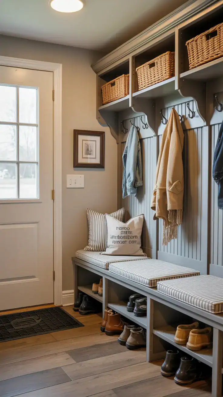 Practical family mudroom with stylish waterproof bench cushions, durable neutral fabric, muddy boots by the door, and organized built in storage with baskets and hooks