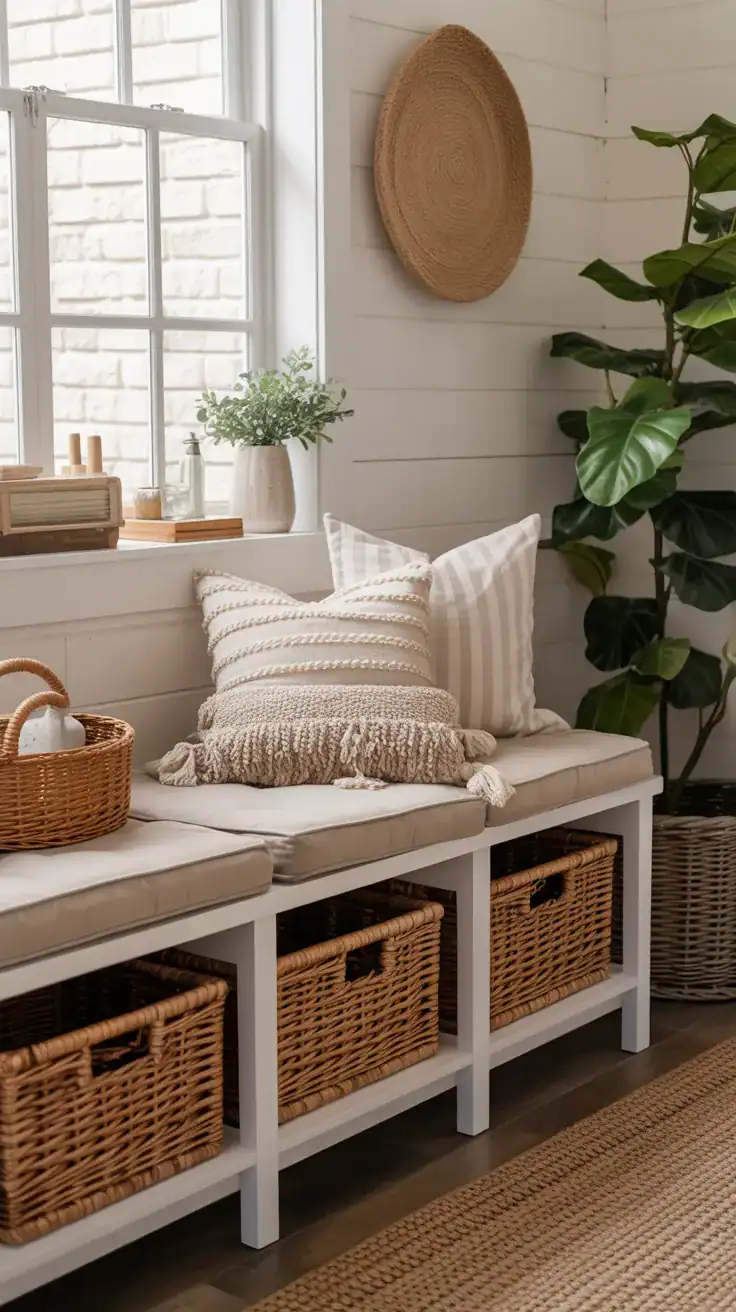 Warm mudroom bench styled with layered neutral cushions and soft throw pillows, cozy textures, woven storage baskets, and relaxed cottage inspired decor