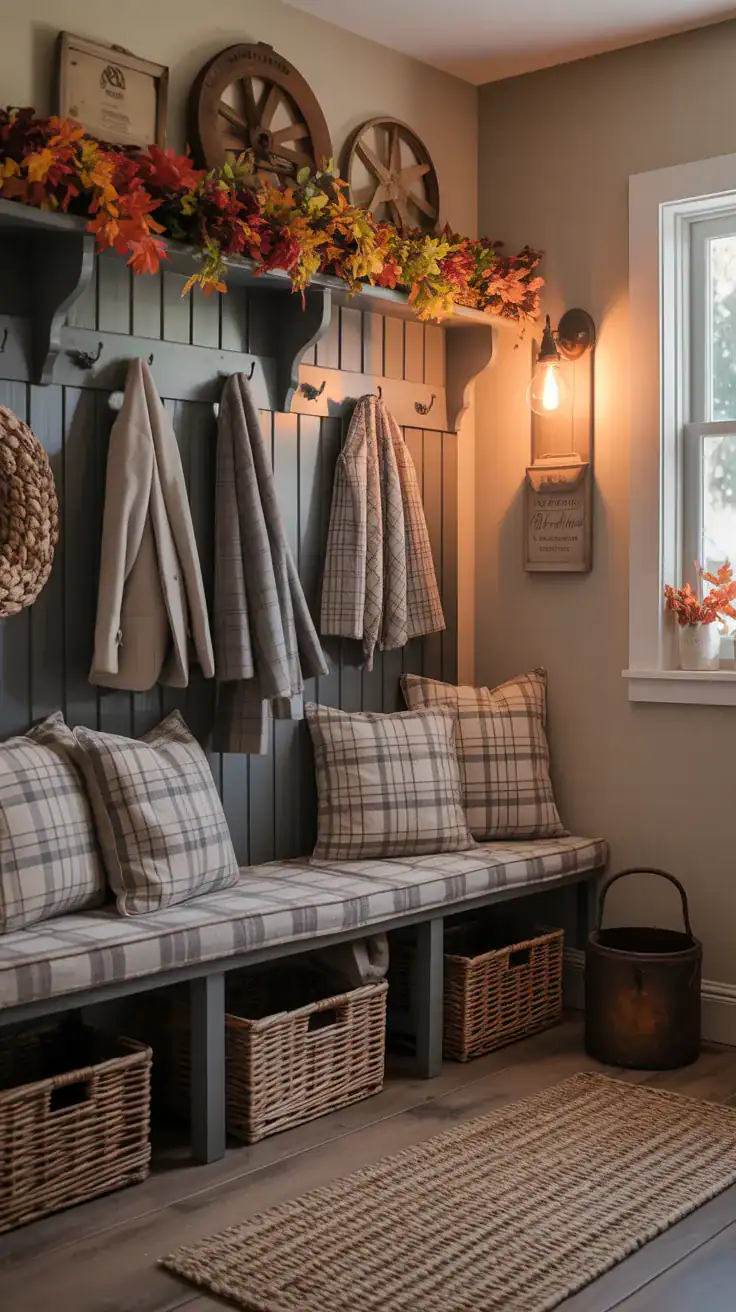 Farmhouse mudroom with muted plaid bench cushions, rustic wood bench, cozy autumn styling, warm lighting, and vintage inspired decor accents